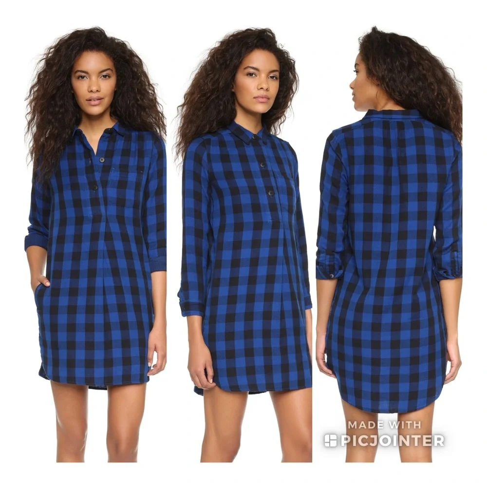 Madewell Jane Buffalo Check Plaid Shirtdress S Blue Black Button Down